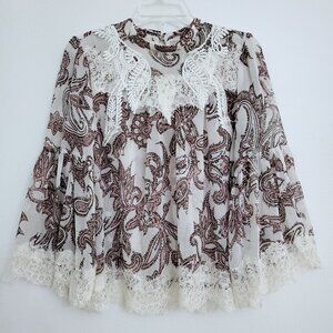 LOFT Paisley Lace Bell Sleeve Romantic Boho Semi-Sheer Women's Blouse Lp